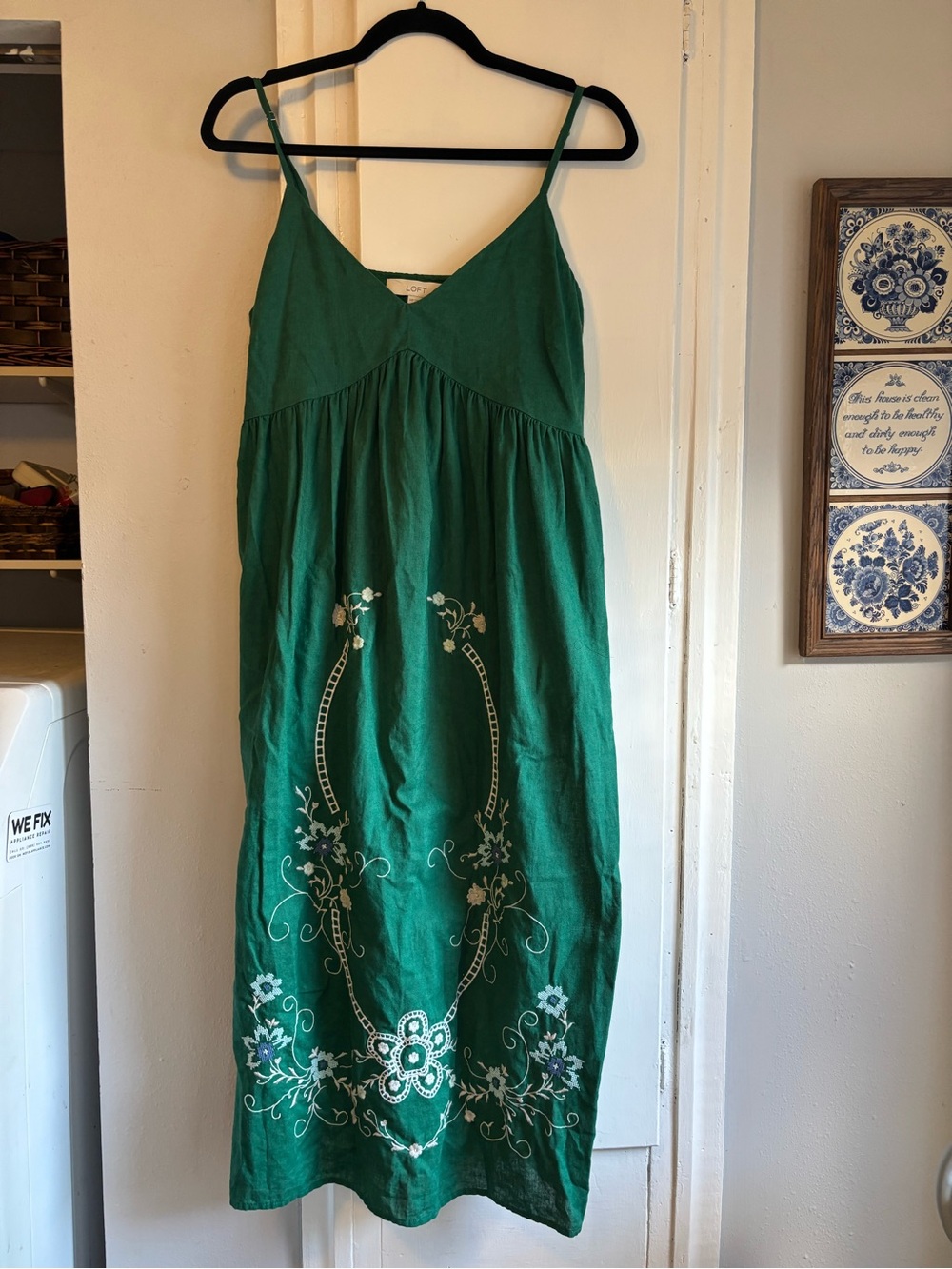 LOFT Green Maxi Dress with White Floral Embroidery